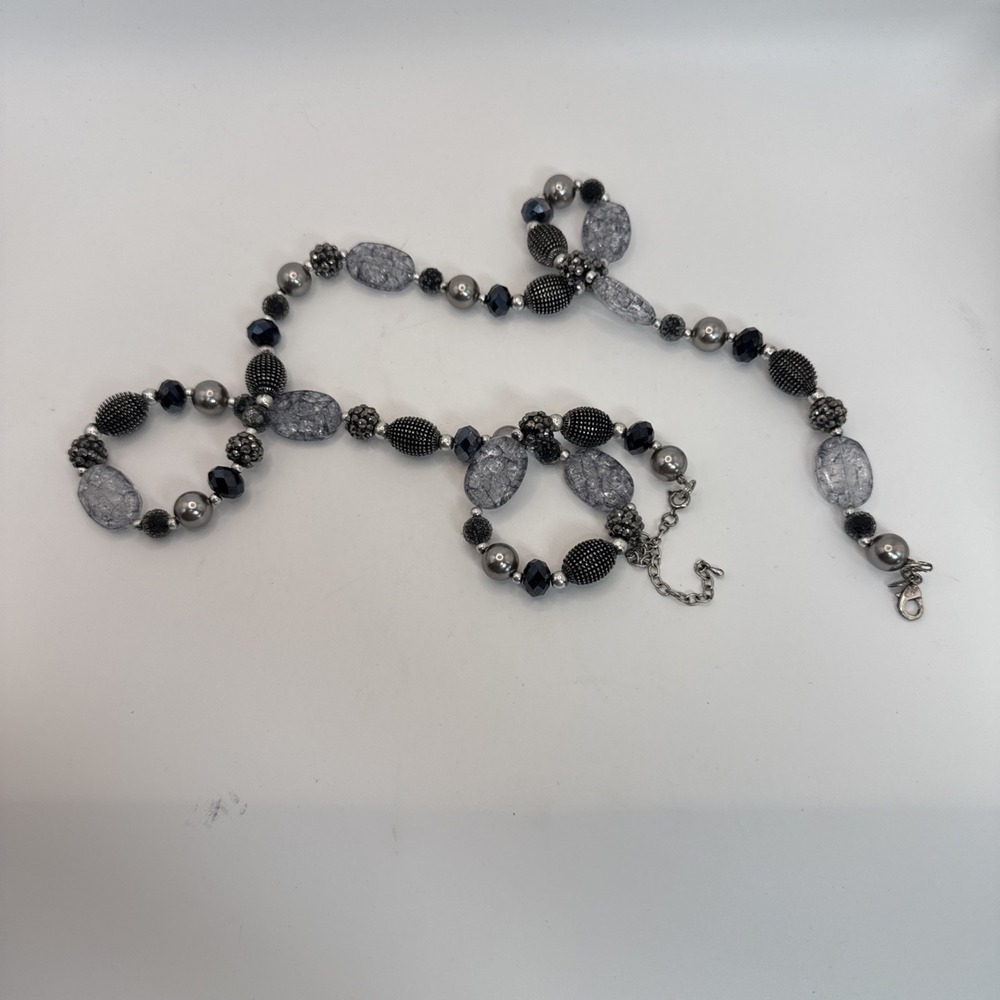 Vtg Premier Designs Signed Black Grey Silver Tone Clear Beaded Necklace 36"